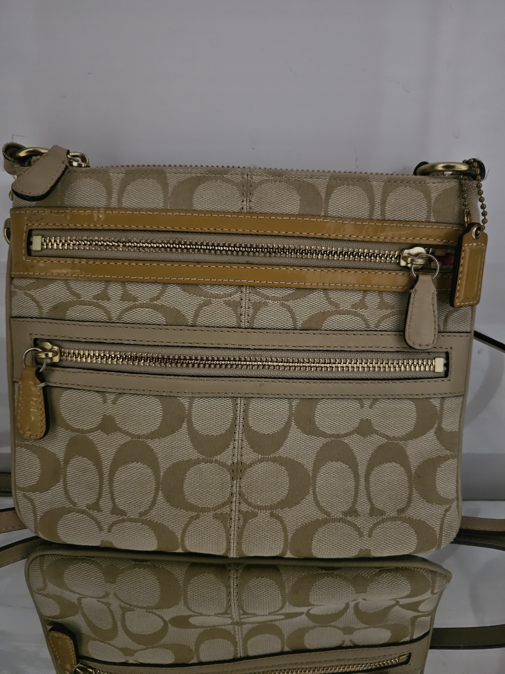 Coach Beige Signature Crossbody with Gold-Tone Zippers